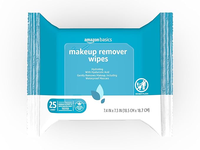 Amazon Basics Makeup Remover Wipes, Gentle Cleansing, Dermatologist Tested, Hydrating, Plant Based, Alcohol-Free, Removes Waterproof Mascara, 25 Count Per Pack, Pack of 2