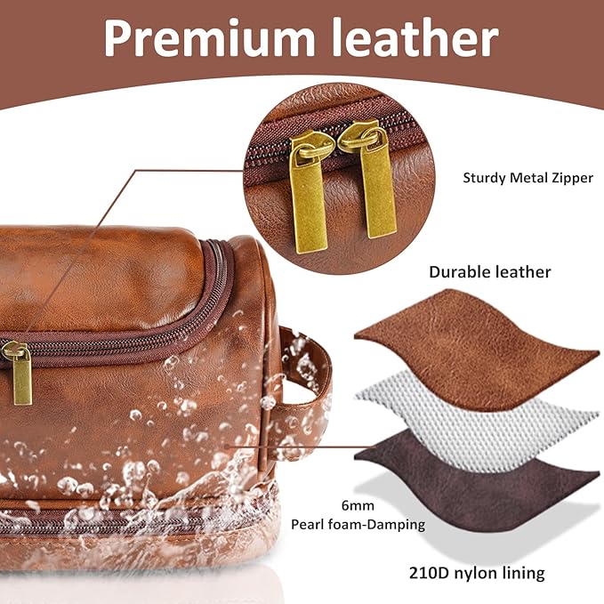 Sparklove Toiletry Bag for Men, Large Leather Shaving Kit, Travel Essentials, Gifts for Father, Dad, Boyfriend, Grandpa, Water-resistant Shaving Bag for Toiletries Accessories