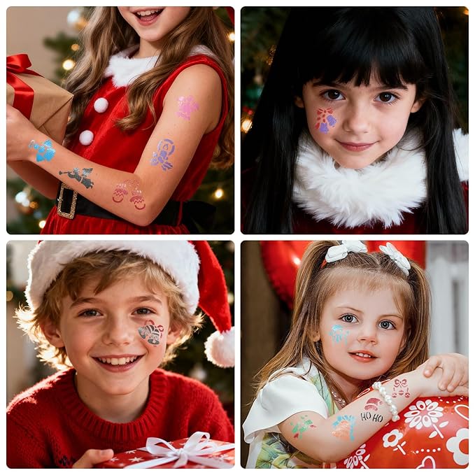 8 Metallic Temporary Tattoo Body Markers Pen Assorted Colors + 155 PCS Christmas Xmas Tattoo Stencils for Kids Adults Cosmetic Tattoos Pens for Skin Temporary DIY Face Body Art Set Party Favor