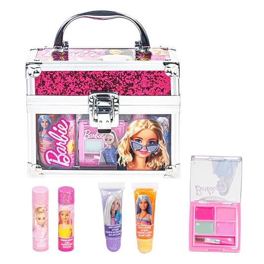 Barbie Beauty Mini Train Case Set Includes Lip Gloss Tube, Lip Balm, Lip Gloss Compact for Girls Party Sleepovers by Townley Girl