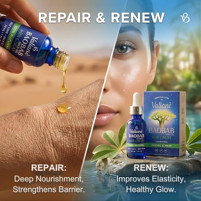 BAOBAB OIL + CACAY for HAIR & FACE Premium Enriched Blend - Hair Oil & Beard Oil - Facial Serum - Cold-Pressed Lightweight Fast-Absorbing, 100% NATURAL - for Body Neck Décolleté Nails -1 fl oz Valianè
