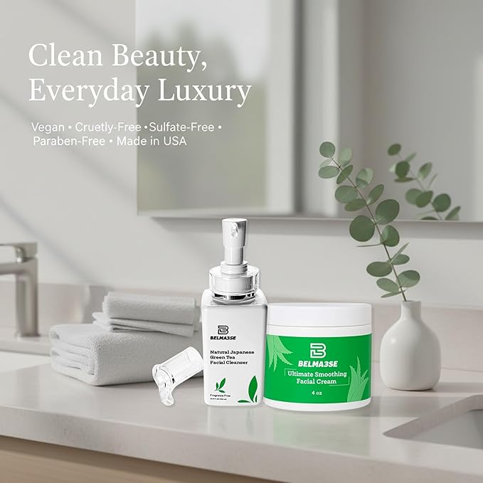 Green Tea Cleanser 10.14 Fl Oz and Hydrating Facial Cream 4 Oz Set – Clean Beauty Routine with Aloe, Cucumber, Coconut Oil & Vitamin E – Lightweight, Vegan & Cruelty-Free