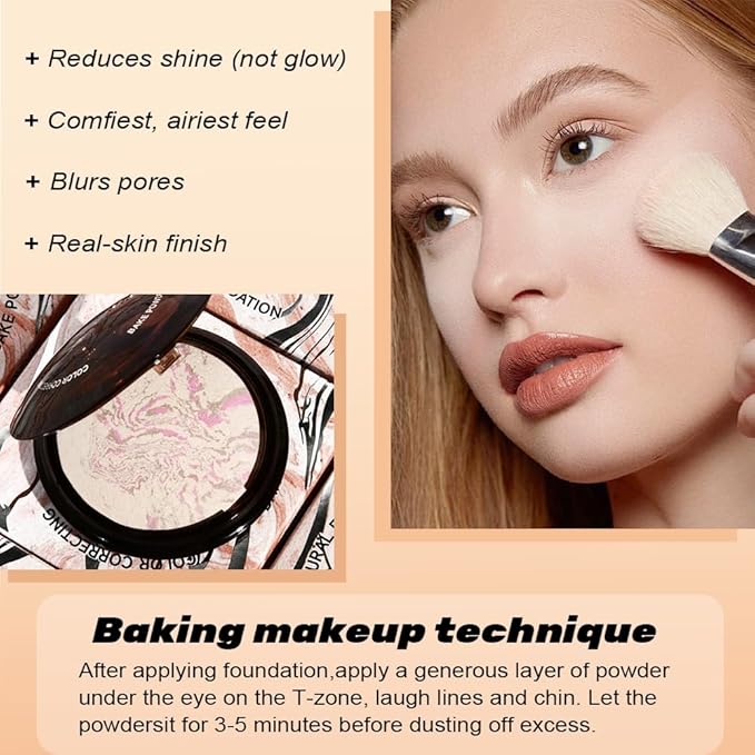 Pressed Matte Face Powder, Bake Foundation Makeup, Balance-n-Brighten & Color Correcting, Medium Light Fair Brown Concealer Base Mak up for Poreless Wrinkle Finishing, Shine Control