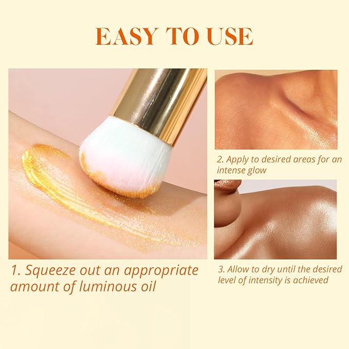 Liyalan Shimmer Body Oil 5 Color Options 1.0 fl.oz Face Glow Pearl Highlighter Illuminator Long-Lasting Shine Glitter Liquid Tanning with Makeup Brush Included (#04 Golden Brown)