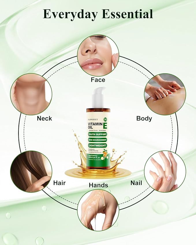 FLOWHYET 10 Floz Organic Vitamin E Oil, Pure Nail Oil vit e for Face, Skin, Body, Hair vitamins, Nourish Dry Skin, Maintain Youthful, Antioxidant, Fade Scars, Non-Greasy - 300ml