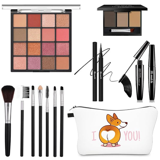 All in One Makeup Kit For Girls - 16 Colors Purple Eyeshadow Palette,7Pcs Makeup Brushes,Waterproof Eyeliner Pencil,Eyebrow Powder,Mascara,Corgi Cosmetic Bag,Women and Teens Makeup Gift Set