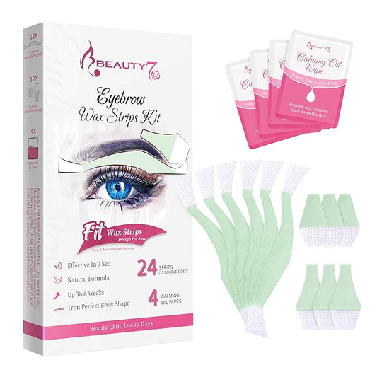 Beauty7 Facial Wax Strips Kit for Hair Removal - Eyebrow Wax Strips at Home - 24 Strip, 4 Calming Oil Wipes for Sensitive All Skin Types for Women