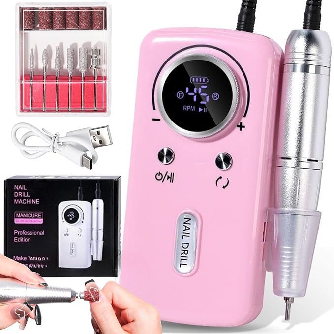 ANRLO Professional Electric Nail Drill, 45000 RPM Cordless Rechargeable E-File Machine, with 12 Bits, Sanding Bands, LCD Display for Acrylic Gel Nails (DMJ-V1-Pink)