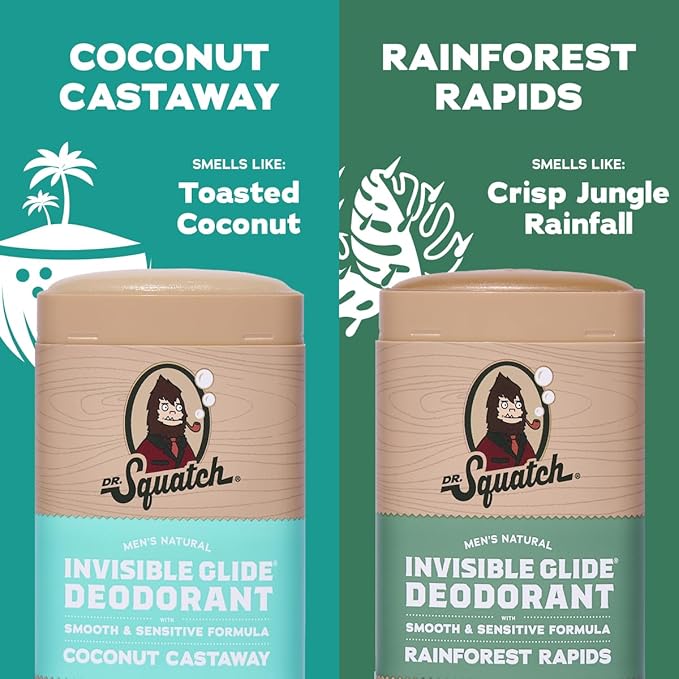 Dr. Squatch Invisible Glide Natural Men’s Deodorant – Smooth Glide, No Stains – Aluminum Free Deodorant Men – Safe for Sensitive Skin – Coconut Castaway + Rainforest Rapids, 2.65oz (2-Pack)