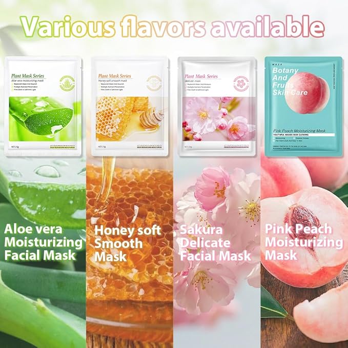 CAKAILA 8 Pack Plants Fruits Face Sheet Mask Skincare,Hydrating Face Mask For Sensitive Skin,Moisturize,Soothing,Nourish for All Skin Types,Natural Spa Party Facial Mask Skincare Set for Women Men