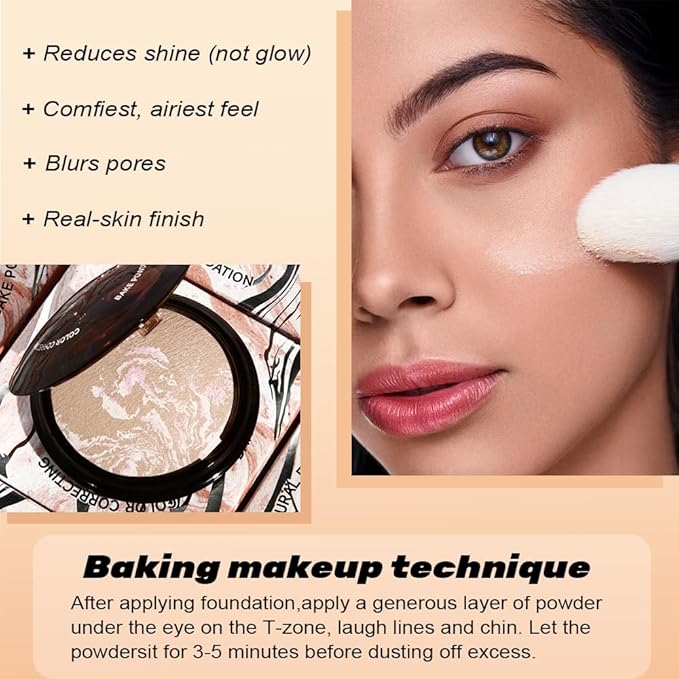 Pressed Matte Face Powder, Bake Foundation Makeup, Balance-n-Brighten & Color Correcting, Medium Light Fair Brown Concealer Base Mak up for Poreless Wrinkle Finishing, Shine Control