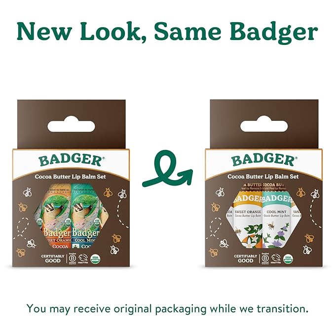 Badger Cocoa Butter Lip Balm Set, 100% Organic, Long Lasting Lip Moisturizers, Lip Care Variety Pack (Cocoa, Orange, Mint & Vanilla), All Natural Lip Balms, 4-pack