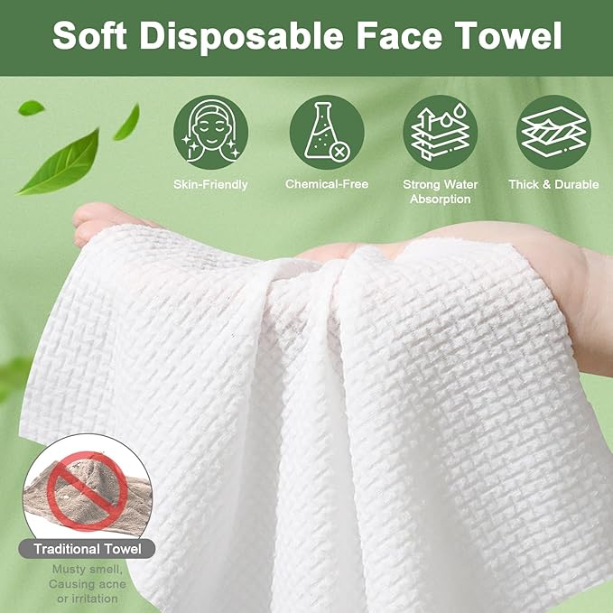 Face Towels Disposable, 12” x 10” Biobased Facial Towelettes, Large Soft & Thick Dry Wipes for Gentle Skincare, Face Washing & Makeup Removal, Lint-Free Clean Facial Towels, 100 Count