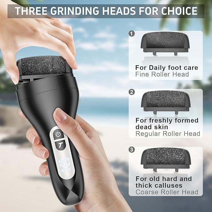 AdamPark Electric Foot File Callus Remover, Rechargeable Pedicure Tools Foot Care Kit, Portable Callus Remover Kit with 3 Roller Heads,2 Speed,Battery Display (Black KW)