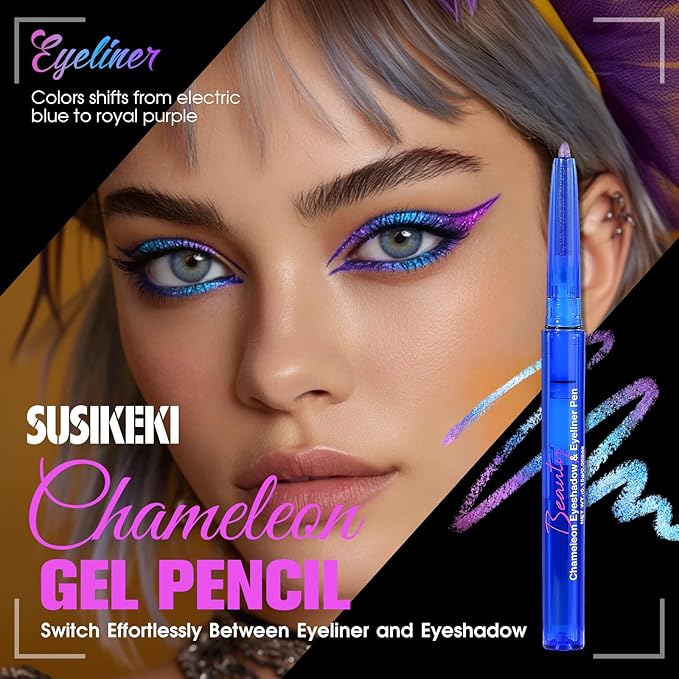 Chameleon Metallic Eyeshadow & Eyeliner Gel Pencil – Multichrome Shifting Colors Glitter Eye Makeup, Waterproof Long-Lasting Smudge-Proof Duochrome Pencil (Periwinkle Blue to Deep Amethyst)