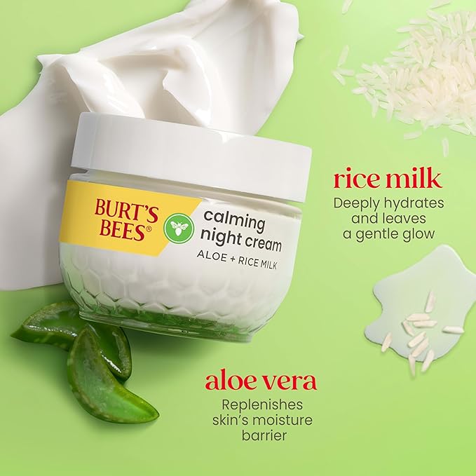 Burt's Bees Calming Night Cream With Aloe and Rice Milk, Face Moisturizer For Sensitive Skin Infuses Skin With Moisture While You Sleep, 98.8 Percent Natural Origin Skin Care, 1.8 oz. Tub