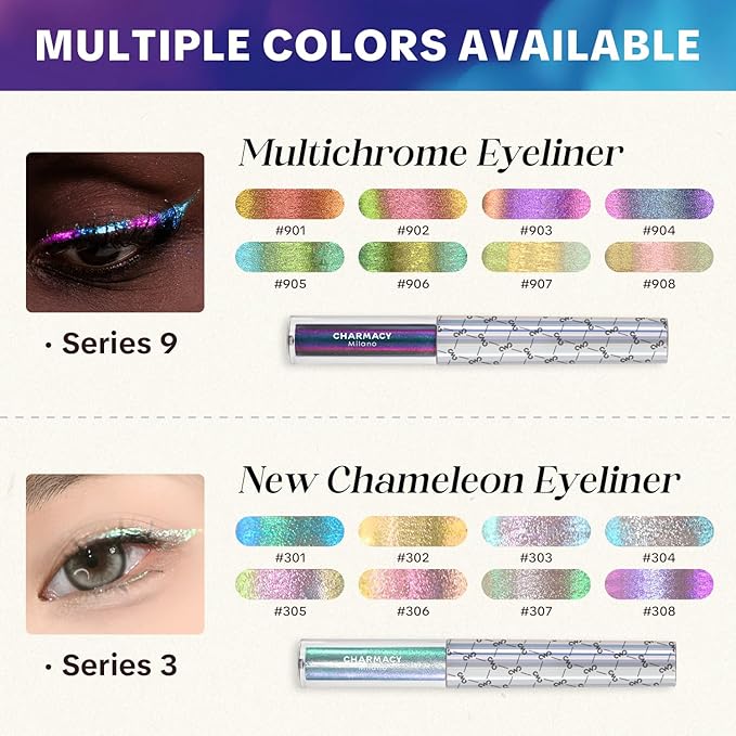 CHARMACY Chameleon Eyeliner Liquid Liner, Glitter liquid eyeliner waterproof, Metallic Intense Color Shifting Colorful Eyeliner, Long wearing,Ultra-Fine Tip Smudge-proof,YELLOW GREEN INDIGO 906