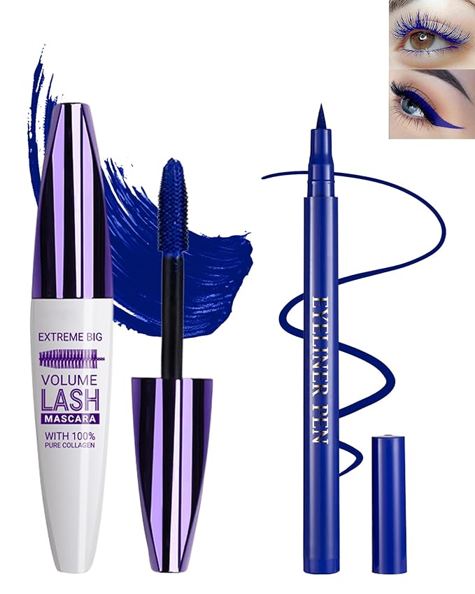 Blue Waterproof Mascara & Eyeliner, 5D Silk Fiber Lash Extension Colored Tube Mascara Volume and Length,Long-Lasting Smudge-Proof Volumizing Colorful Máscara and Liquid Eyeliner Pen Set for Women