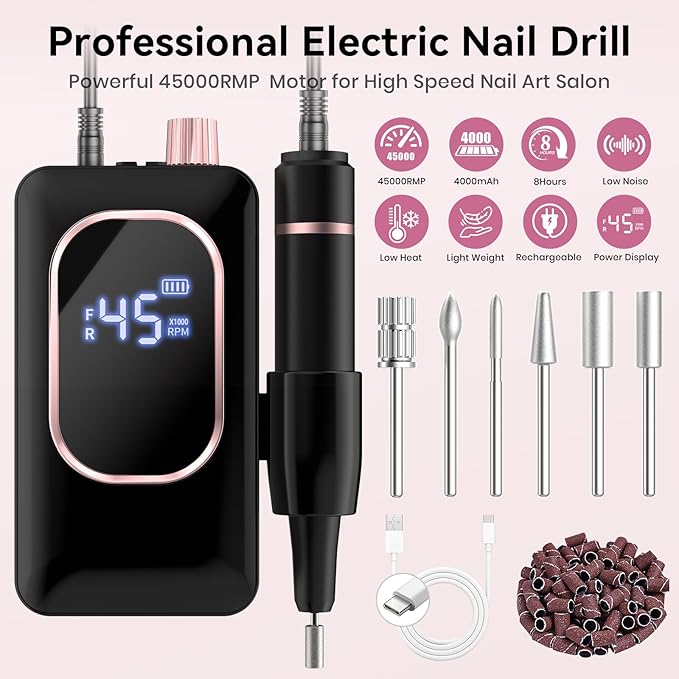 Professional Electric Nail Drill 45000RPM, Portable Nail File for Acrylic Gel Nails, Cordless Rechargeable Salon-Grade Ultra Power Nail Drill Kit for Shaping, Polishing & Removing Gel Nails,Black