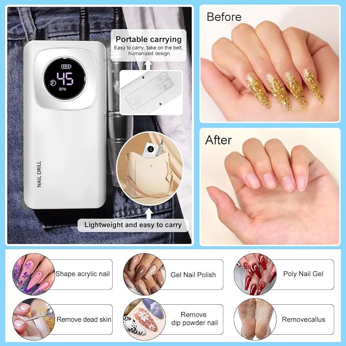 ANRLO Professional Electric Nail Drill, 45000 RPM Cordless Rechargeable E-File Machine, with 12 Bits, Sanding Bands, LCD Display for Acrylic Gel Nails (DMJ-V4-WHITE-USB)