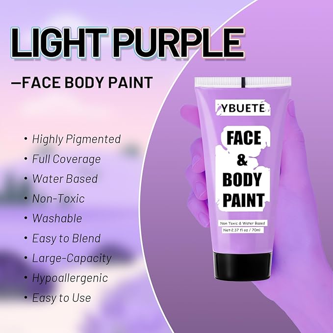 Light Purple Water Based Face Body Paint, 2.37 OZ Large Tube Full Coverage Face Paint for Ursula Cosplay Makeup,Washable Light Purple Body Painting for Adult Costume Party Halloween SFX Makeup