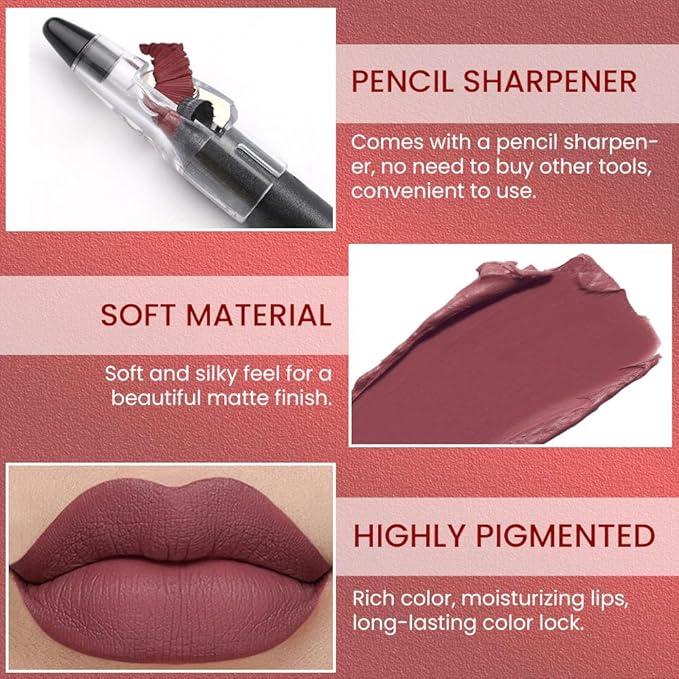Rust Red Matte Lip Liner Crayon with Sharpener - Waterproof Smudgeproof Long-Wear Lip Pencil, Creamy Pigmented Lip Crayon for Women, 12HR Stay Silky Velvet Lip Liner 02#