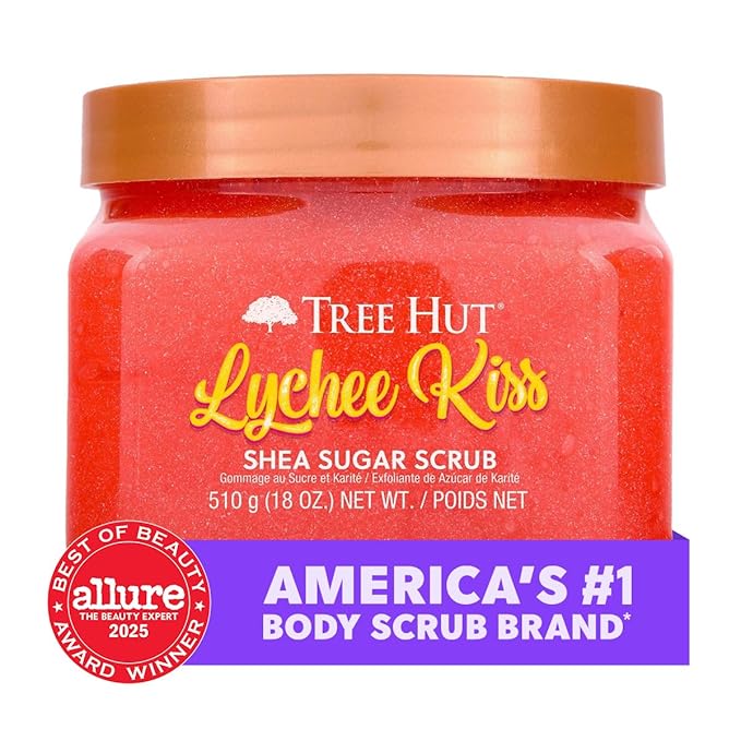 Tree Hut Lychee Kiss Shea Sugar Scrub, Exfoliating, Hydrating & Moisturizing Body Scrub with Shea Butter & Nourishing Essential Oils, Smooth & Soften Skin, 18 oz