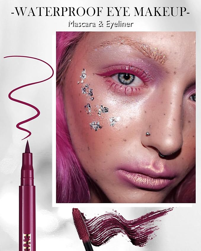 Burgundy Waterproof Mascara & Eyeliner, 5D Silk Fiber Lash Extension Colored Tube Mascara Volume and Length,Long-Lasting Smudge-Proof Volumizing Colorful Máscara & Liquid Eyeliner Pen Set for Women