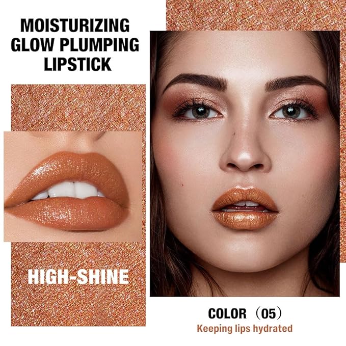 Light Brown Shimmer Metallic Moisturizing Glow Plumping Lipstick Makeup, Lipstick with Metallic 3D Shine Lightweight Hydrating Formula, Glitter Lip Gloss Stain Long Lasting Waterproof (05#Light Brown)