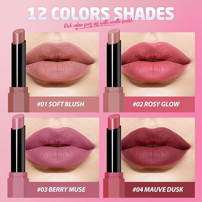 Jolilab 6Pcs Velvet Matte Lipstick Nude Matte Soft Dark Color Stick High Pigmented Long-Lasting Waterproof Lip Stick Lip Balm Beauty Cosmetics Gift for Women(Curated Set B)