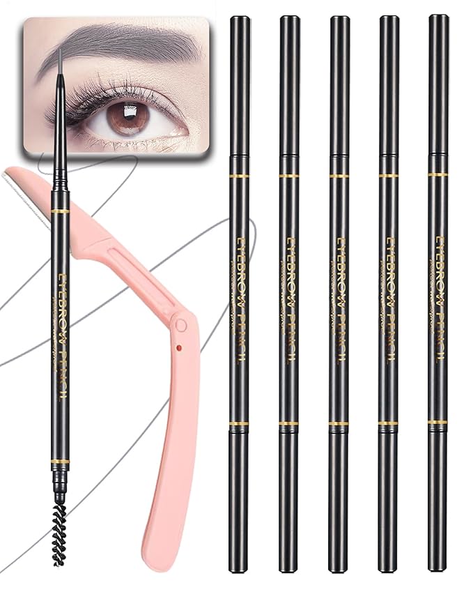 SUMEITANG Gray Eye Brow Pencils for Women, 6Pcs Waterproof Eyebrow Pencil, 1.5mm Micro-Fine Tip & Spiral Brush with Brow Razors Perfect for Creating a Natural and Delicate Eyebrow Look Makeup