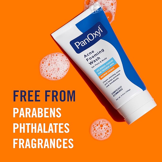 PanOxyl 10% Benzoyl Peroxide Acne Foaming Wash, Maximum Strength, Daily Acne-Fighting Face & Body Cleanser, Face Wash to Clear, Treat and Prevent Acne Pimples and Stubborn Breakouts, 5.5 Oz, Pack of 2
