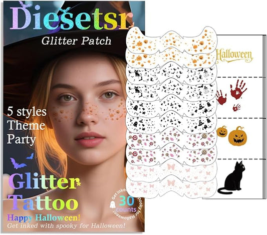 Face Glitter Freckles Tattoo,Temporary Tattoos Makeup Patches, Body Glitter Fake Freckles Stickers for Kid Halloween Decor,Theme Party,Bats Witch Pumpkin Rave Accessories,30 PCS