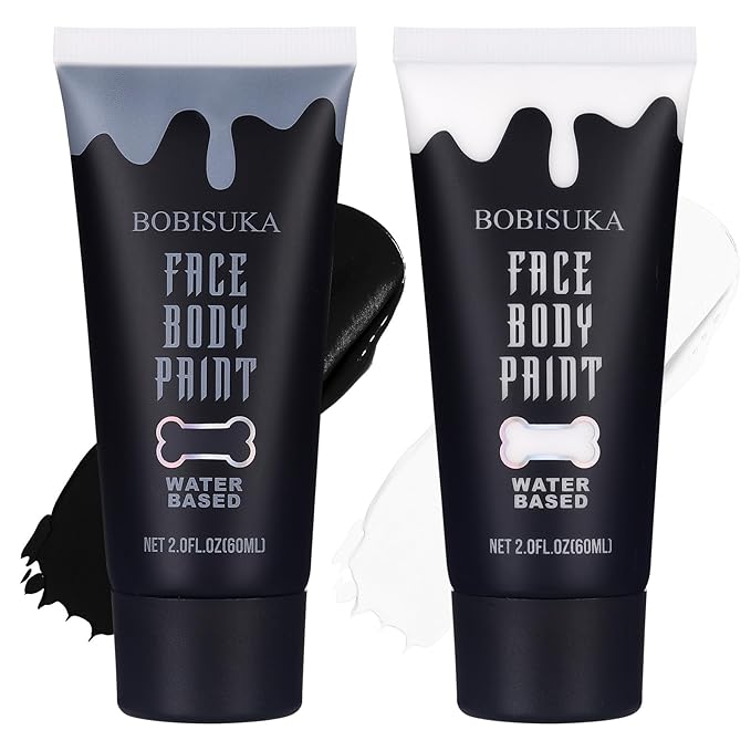 BOBISUKA Black and White Face Body Paint Kit, Water Based Face Painting for Halloween Clown Skeleton Joker Zombie Mime Sugar Skull Makeup for Women Adults, Non-Toxic Washable
