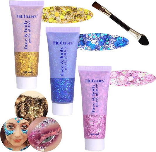 Body Glitter Face Glitter Gel: Singer Concerts Disco Festival Rave Accessories Face Glitter Makeup Chunky Sequins Mermaid Face Body Hair Glitter Gel (Pink&Gold&Blue)