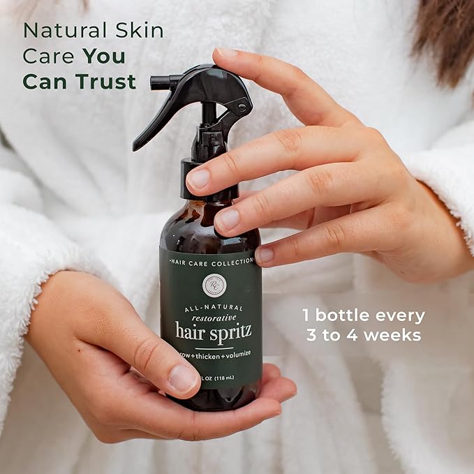 Rowe Casa Organics Natural Restorative Hair Spritz with Witch Hazel & Therapeutic Essential Oils, Hand-Crafted Hair Volumizer, Thickener, & Growth Booster, 4 Fl. Oz.