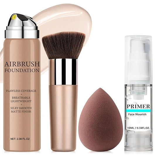 AirBrush Foundation Spray With Primer and Brush, Silky Mist Foundation Spray Makeup, Full Coverage Foundation for Smooth Radiant Finish, Formula Breathable Lightweight Hydrating(#4 Porcelain)