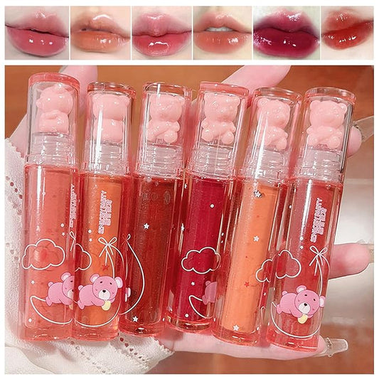 Blopuivo 6 Colors Bear Lip Gloss,Jelly Lip Glaze,Cute Liquid Lipstick Bear Lip Stain Watery Lipgloss Plumping Lip Tint Moisturizing Waterproof Long Lasting for Lip and Cheek