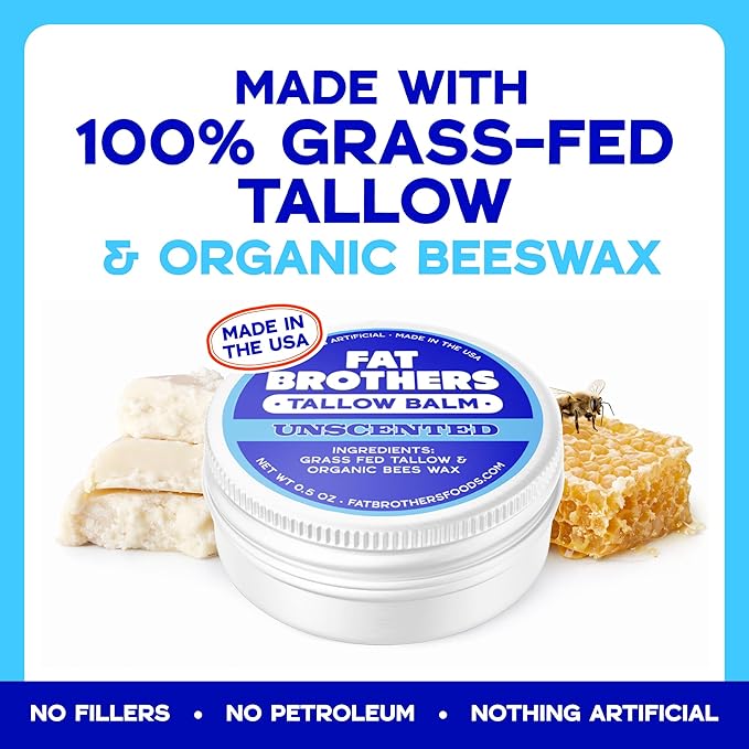 Tallow Lip Balm – Unscented, 2-Ingredient (Beef Tallow + Organic Beeswax), 0.5 oz Metal Tin (3X Larger Than Standard Tubes), Pure, Petroleum-Free, Ultra-Moisturizing - 2 pack