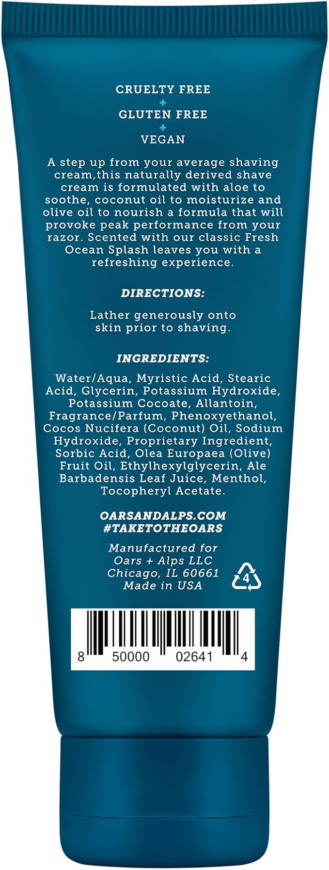 Oars + Alps Soothing Men's Shaving Cream, Dermatologist Tested and Infused with Aloe and Coconut Oil, Fresh Ocean Splash Scent, TSA Friendly, 3.4 Oz, 1 Pack