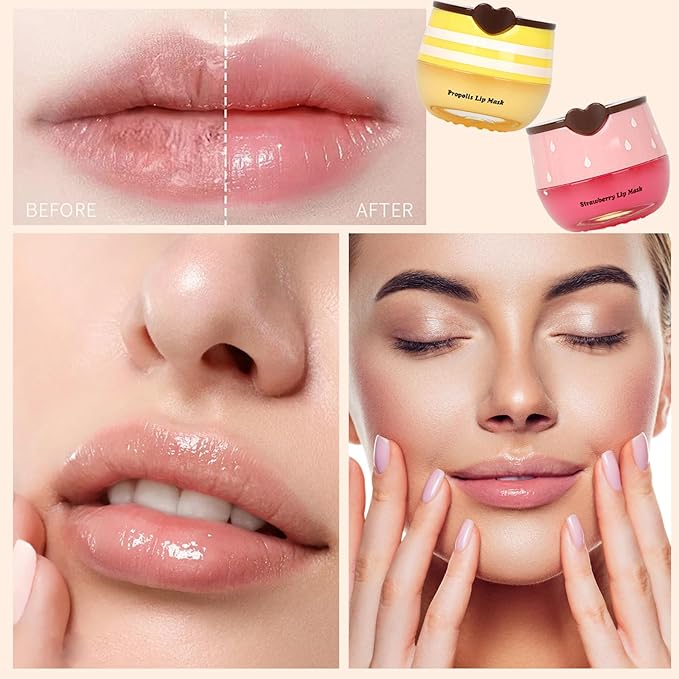 2 PCS Bee Lip Balm Lip Mask Honey Pot, Honey & Strawberry Lip Mask Propolis Moisturizing Lip Balm with Stick - Hydrating Prevention Dry and Cracked Lip Scrubs Exfoliato Lip Wrinkle Care