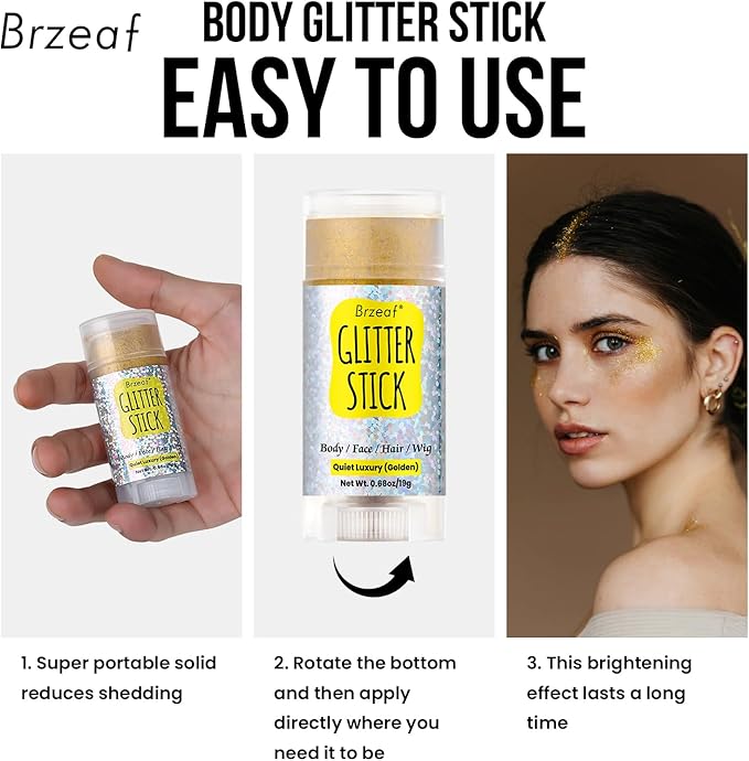 Brzeaf Golden Glitter Stick, Face Glitter Makeup, Shimmery & Long Lasting, Chunky Glitter for Face/Body/Hair/Eyes/Lip, Singer Concert Music Christmas Rave Festival