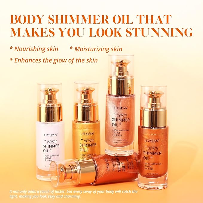 Liyalan Shimmer Body Oil 5 Color Options 1.0 fl.oz Face Glow Pearl Highlighter Illuminator Long-Lasting Shine Glitter Liquid Tanning with Makeup Brush Included (#05 Rose Gold)