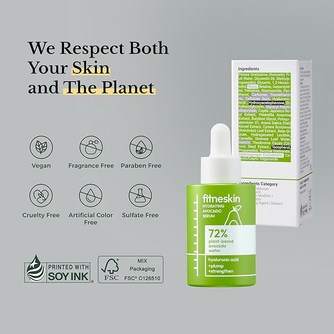 Hydrating Serum with Avocado, Hyaluronic Acid & Panthenol – Barrier Boosting + Brightening Serum for Sensitive Skin – Vegan, Fragrance-Free, Dermatologist-Tested – 30ml