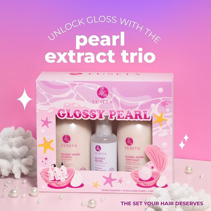 Luseta Glossy Pearl Trio Hair Care Set Smoothing & Moisturizing Shampoo and Conditioner Hydrating Hair Oil Detangle,Nourish Strands Add Shine
