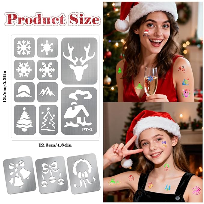 8 Metallic Temporary Tattoo Body Markers Pen Assorted Colors + 155 PCS Christmas Xmas Tattoo Stencils for Kids Adults Cosmetic Tattoos Pens for Skin Temporary DIY Face Body Art Set Party Favor