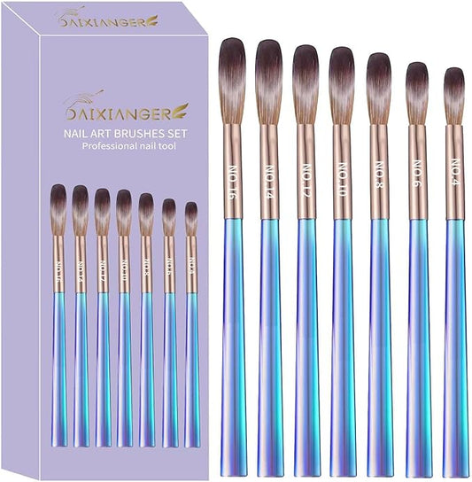 7Pcs Acrylic Nail Art Brush Set -Size 4/6/8/10/12/14/16,Gradient Blue Handle Nail Brushes for Acrylic Application Powder & Nail Extension, 3D Nail Carving Tools for DIY Home Salon