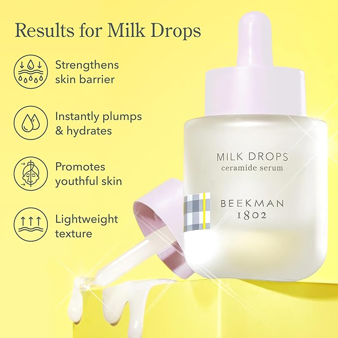 Beekman 1802 Milk Drops Ceramide Facial Serum - Squalane Oil, Hyaluronic Acid & Goat Milk Face Moisturizer - Boosts Skin Radiance & Hydrates Deeply - Fragrance Free - For Oily/Acne Prone Skin