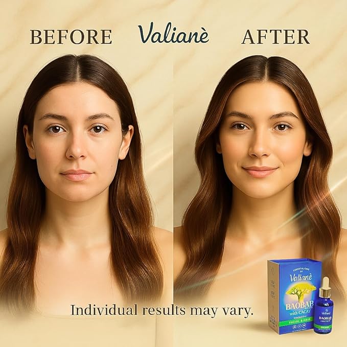 BAOBAB OIL + CACAY for HAIR & FACE Premium Enriched Blend - Hair Oil & Beard Oil - Facial Serum - Cold-Pressed Lightweight Fast-Absorbing, 100% NATURAL - for Body Neck Décolleté Nails -1 fl oz Valianè
