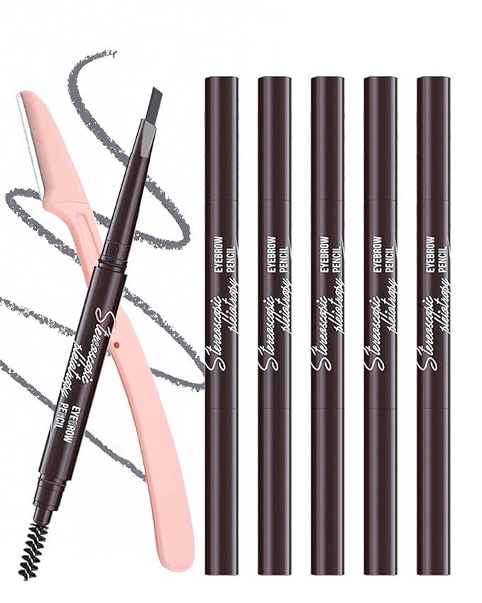 Berinist Waterproof Eye Brow Pencils for Women, 6Pcs Double-ended Grey Eyebrow Pencil with Razor Kit, Triangular Tip Design Makes it Easier to Define and Fill in Brows for a Natural Look